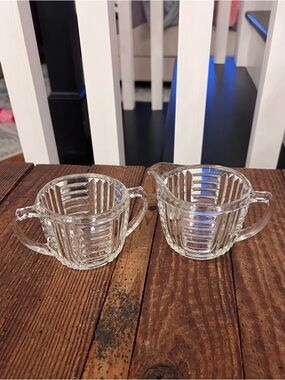 Vintage Art Deco Clear Glass Creamer and Sugar Set